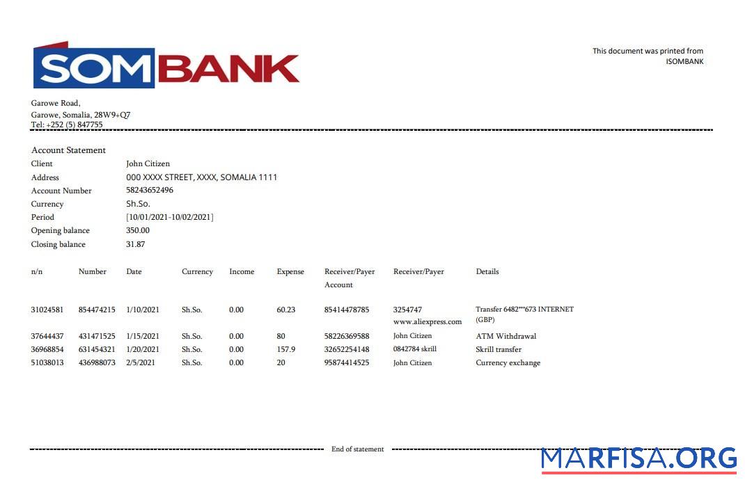 Downloadable Somalia Sombank bank statement excel example